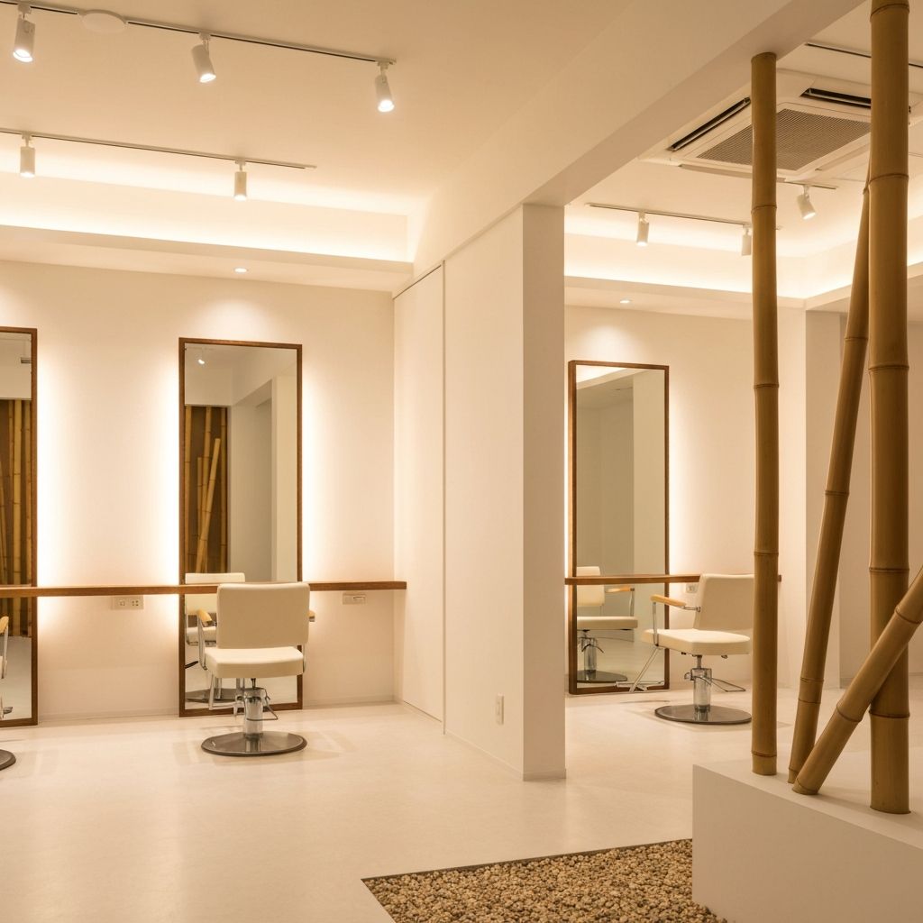 Serene Japanese salon interior with elegant styling chair and warm lighting